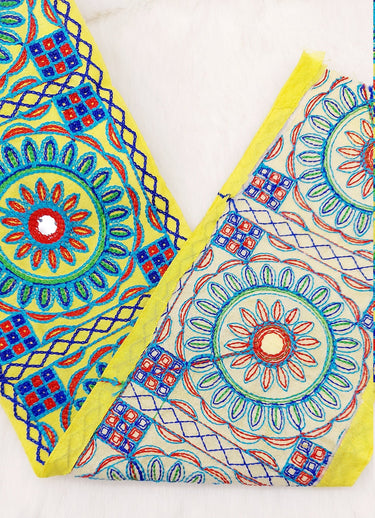 Indian Yellow Fabric Trim, Mirror Floral Kutch Embroidered, Decorative Trim